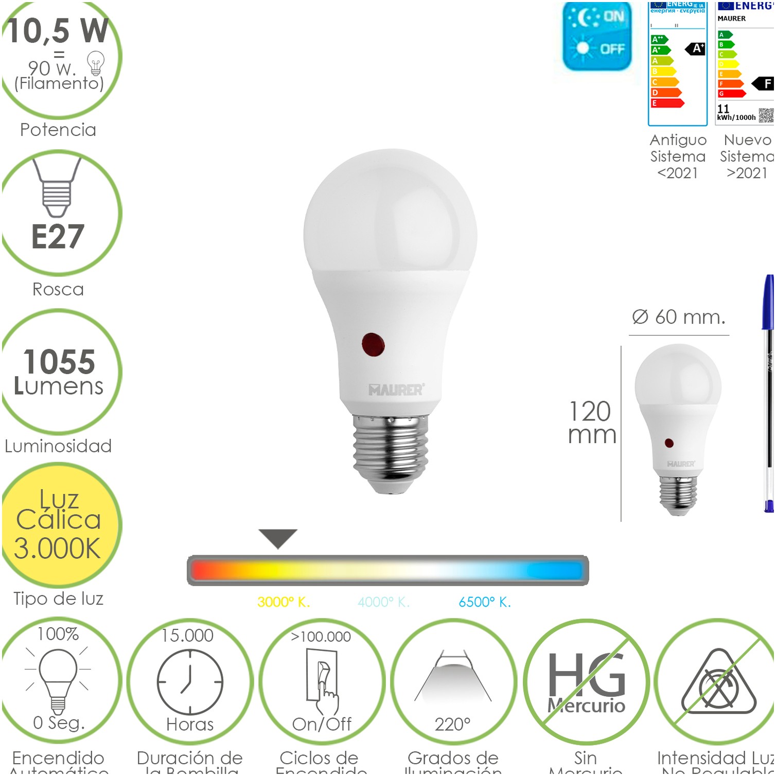 Bombilla Led Esfera Con Sensor Crepuscular. Rosca E27. 10.5 Watt. Equivale A 90 Watt. 1055 Lumenes. Luz Calida 3000º K.