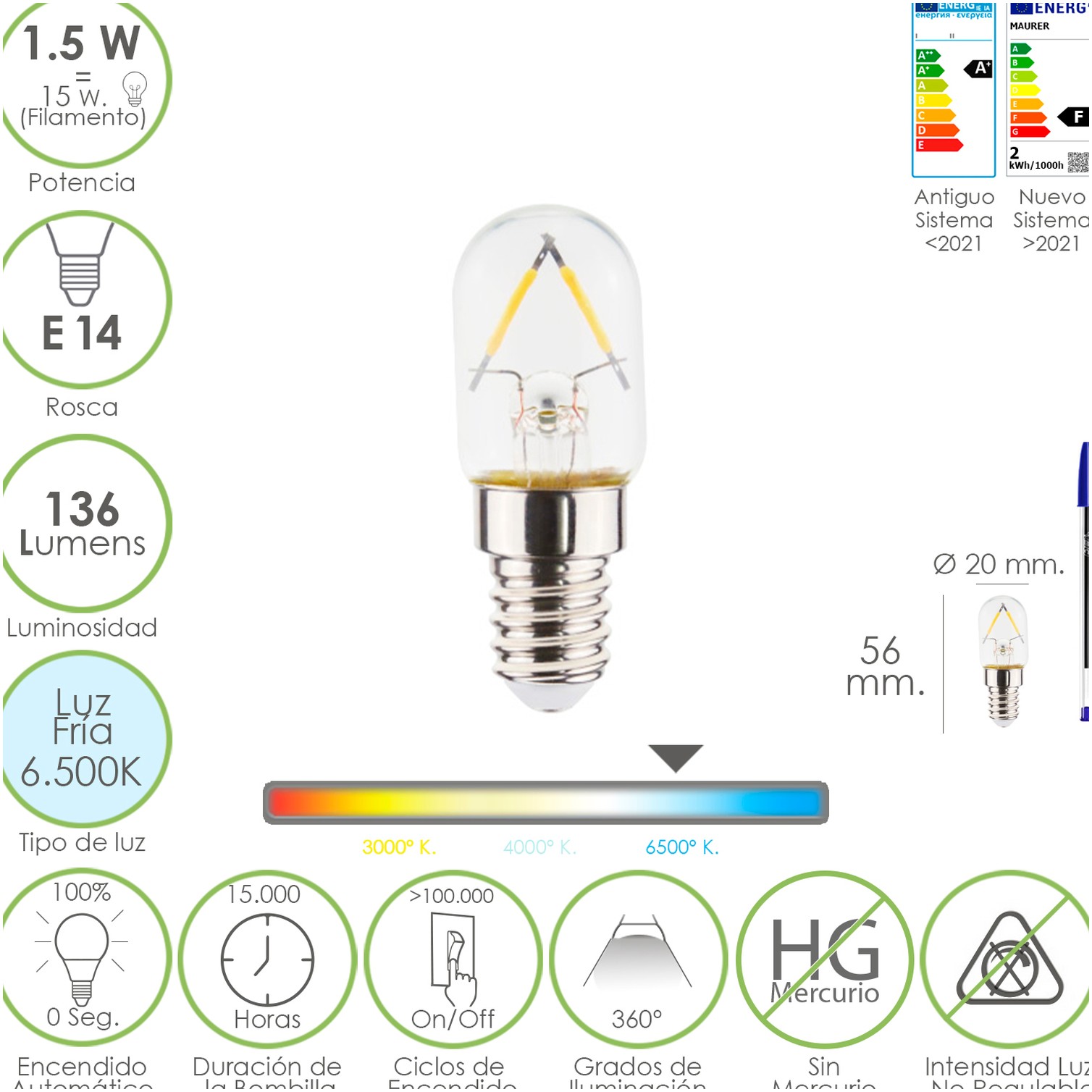 Bombilla Led Frigorifico Rosca E14. 1.5 Watt. Equivale A 15 Watt. 136 Lumenes. Luz Fria (6500º K.)