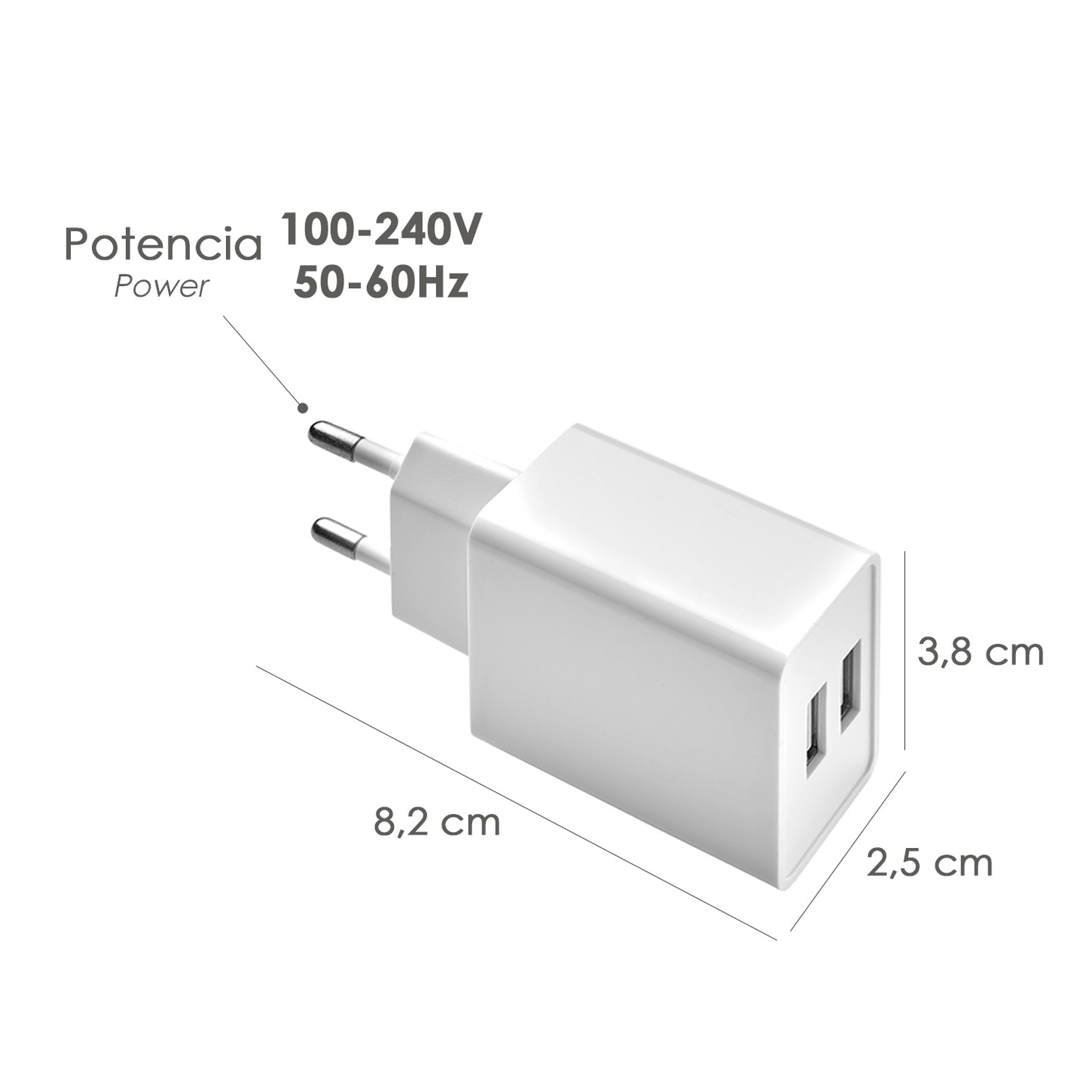 Cargador USB Dos Tomas 2.1 Amperios. 5 V. Adaptador Enchufe USB Cargador USB de Pared, Android, Iphone, Smartphones, Tablets.