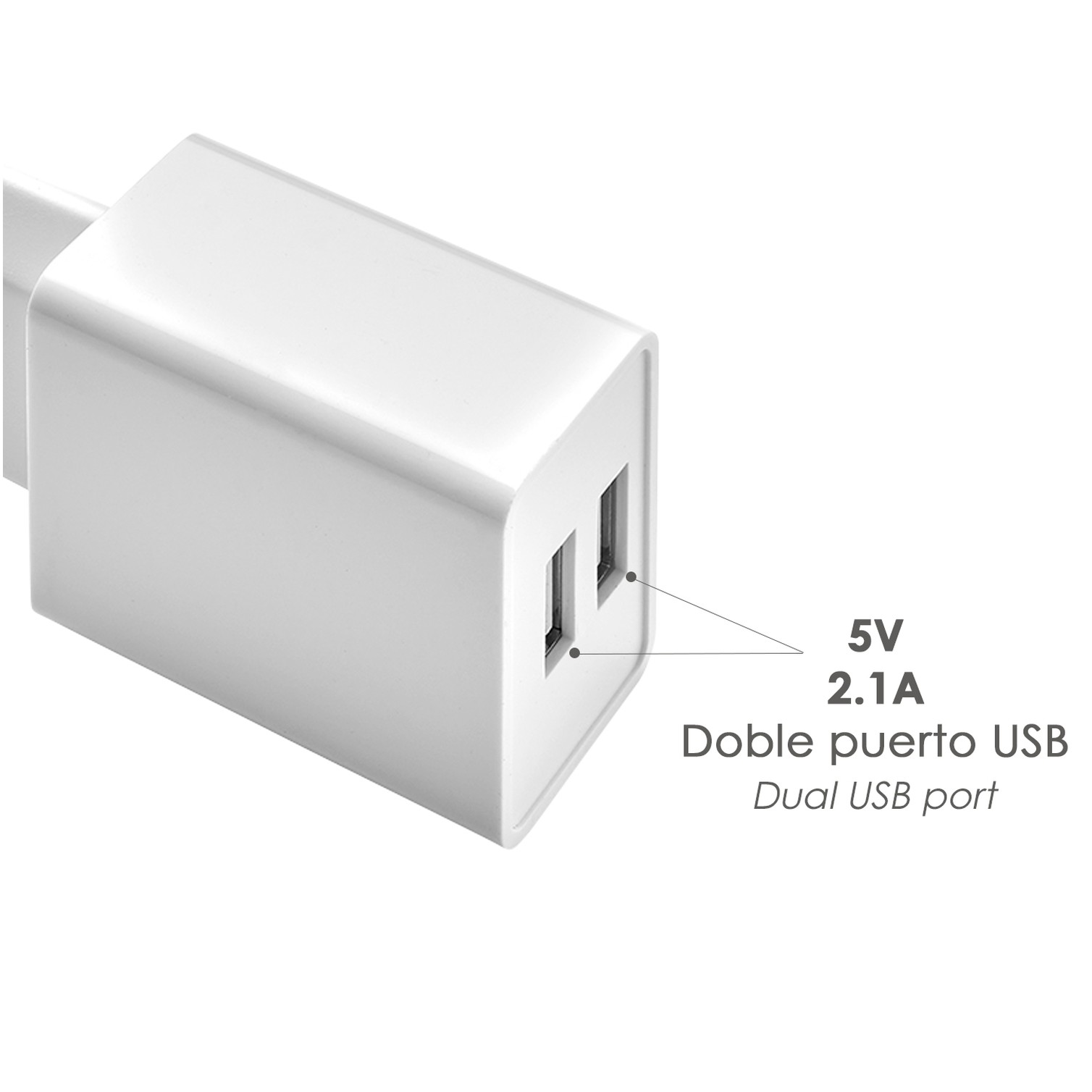 Cargador USB Dos Tomas 2.1 Amperios. 5 V. Adaptador Enchufe USB Cargador USB de Pared, Android, Iphone, Smartphones, Tablets.