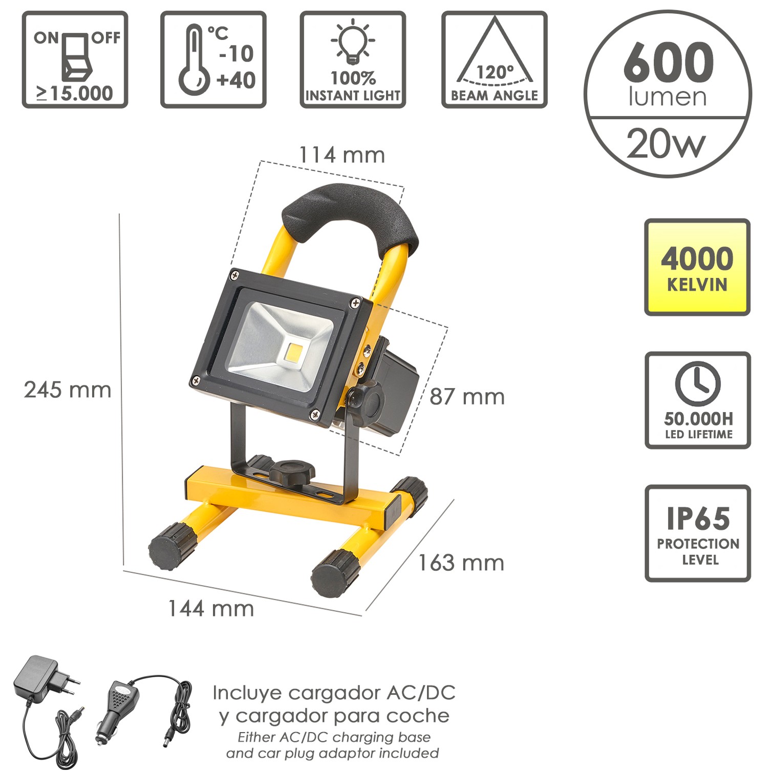 Foco Led 20 Watt. Luz Blanca 4000º K IP 65 600 Lumenes Con Asa de Transporte, Proyector Led Con Asa, Foco Led Trabajo