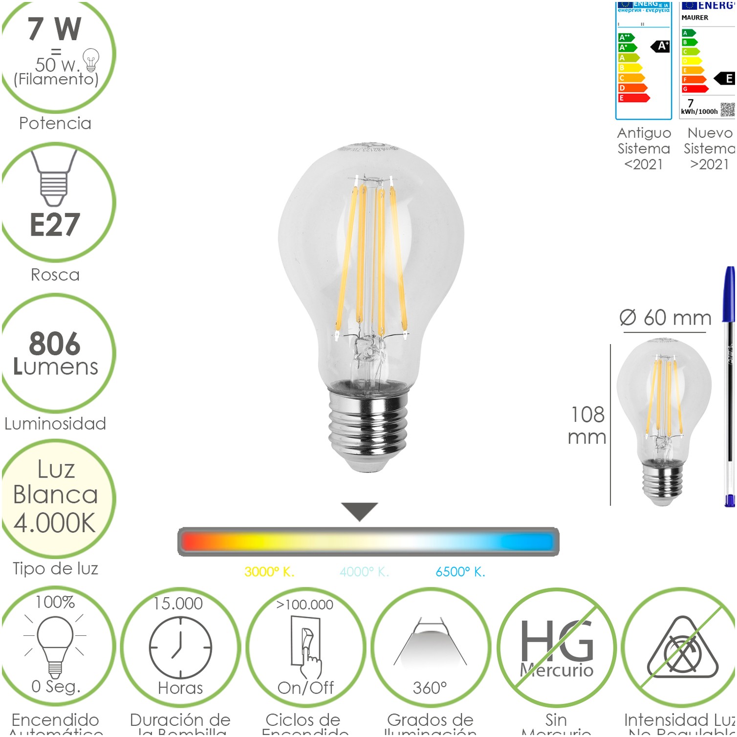 Bombilla Led Filamento Standar Rosca E27. 7 Watt. Equivale A 50 Watt. 806 Lumenes. Luz Neutra 4000º K.