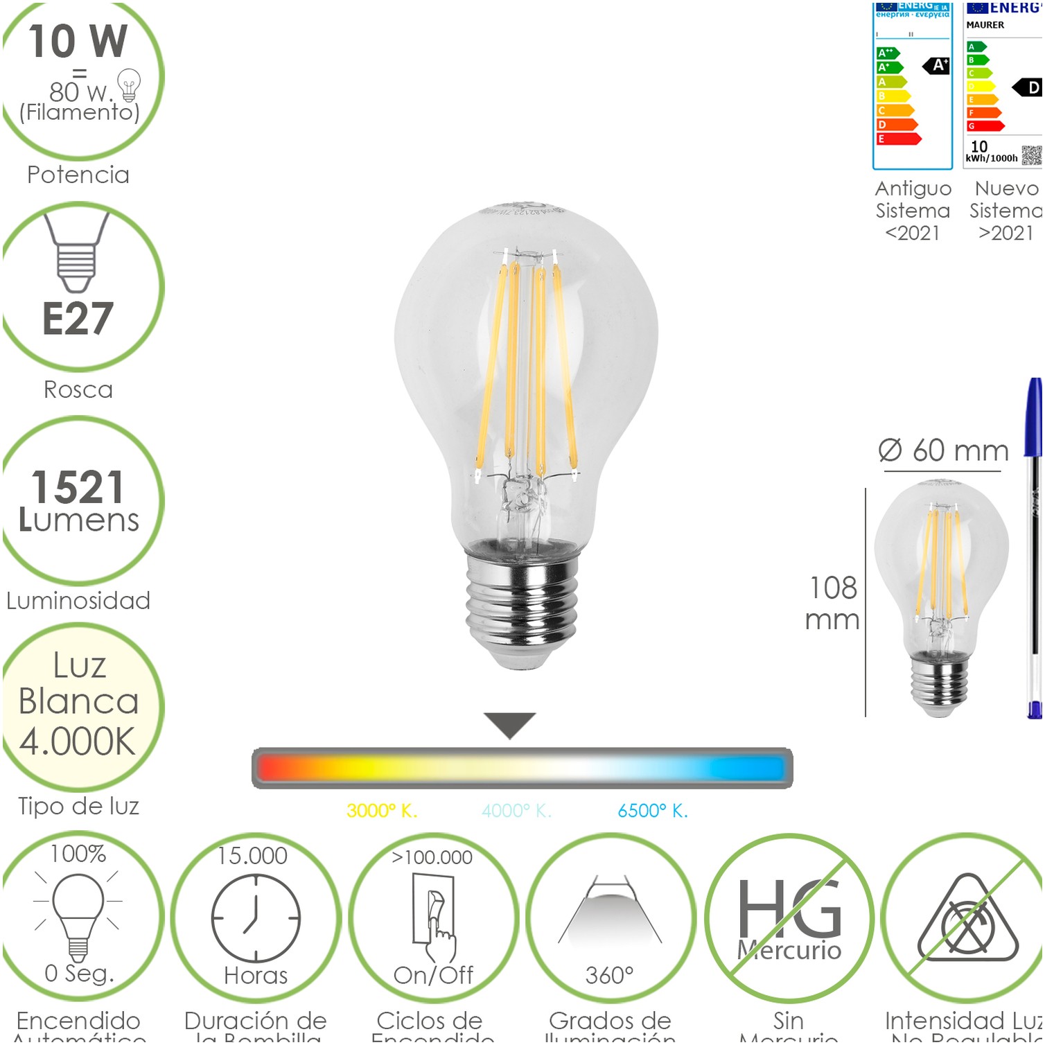 Bombilla Led Filamento Standar Rosca E27. 10 Watt. Equivale A 80 Watt. 1521 Lumenes. Luz Neutra 4000º K.