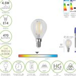 Bombilla Led Filamento Esfera Rosca E14. 4,5 Watt. Equivale A 35 Watt. 470 Lumenes. Luz Neutra 4000º K.