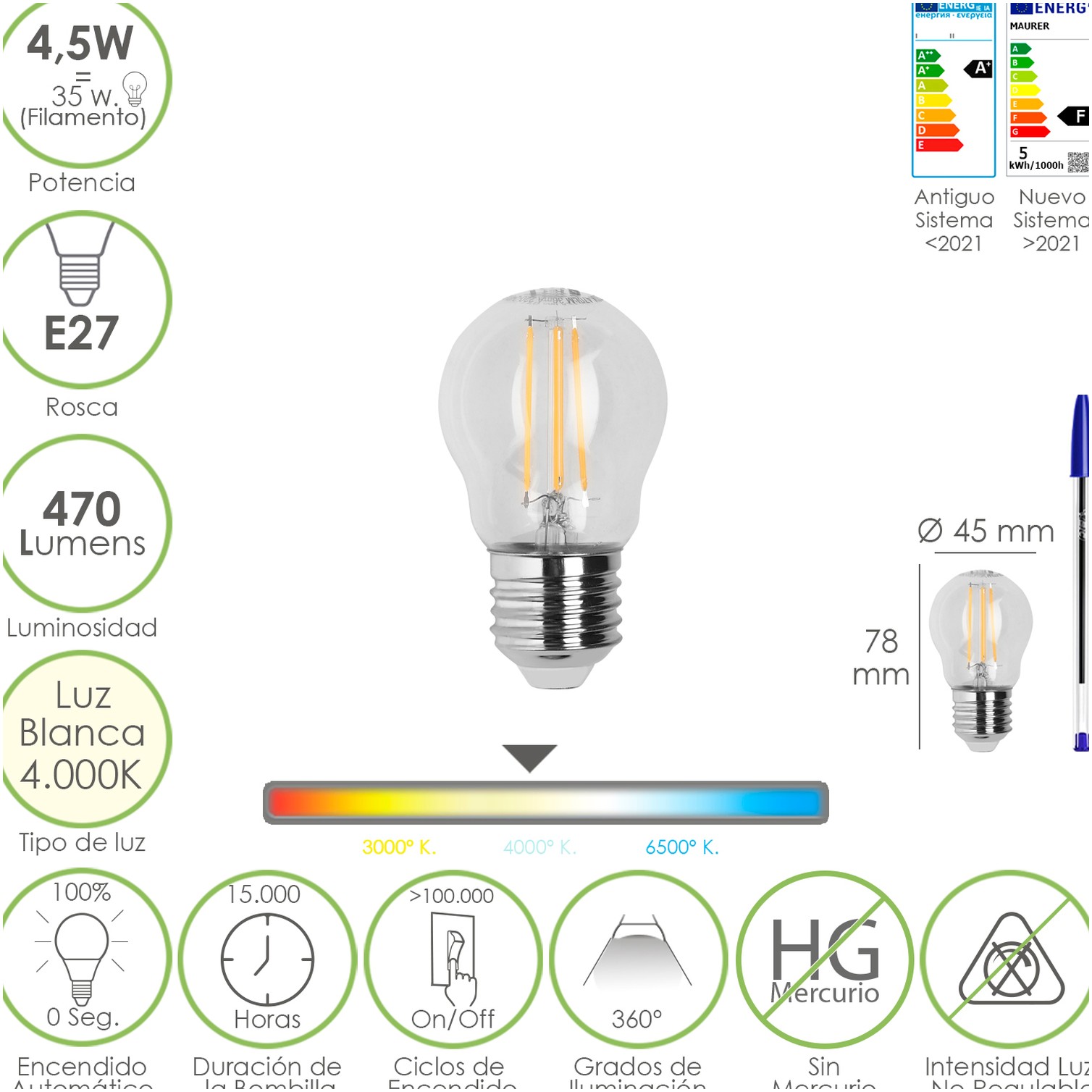 Bombilla Led Filamento Esfera Rosca E27. 4,5 Watt. Equivale A 35 Watt. 470 Lumenes. Luz Neutra 4000º K.
