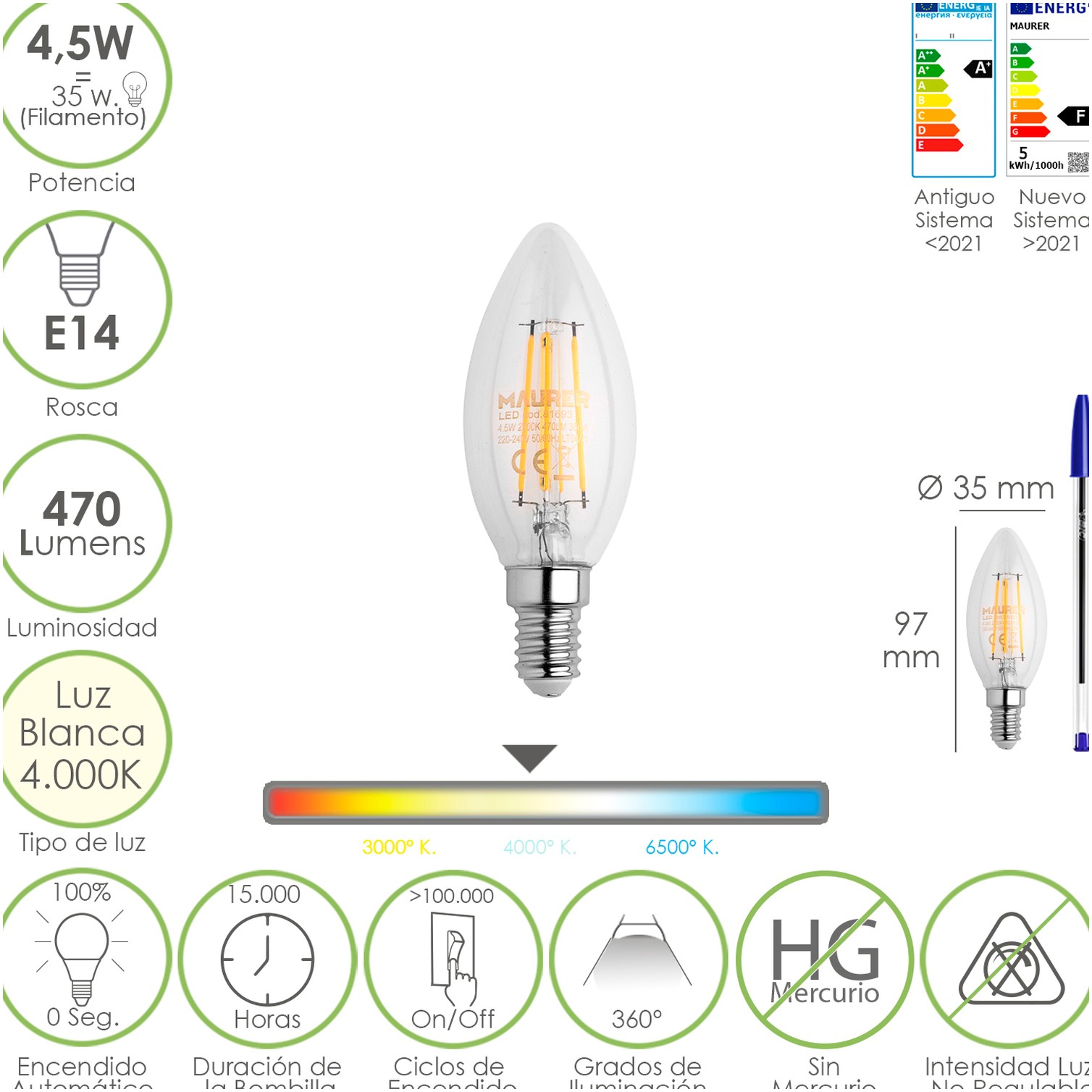 Bombilla Led Filamento Vela Rosca E14. 4,5 Watt. Equivale A 35 Watt. 470 Lumenes. Luz Neutra 4000º K.
