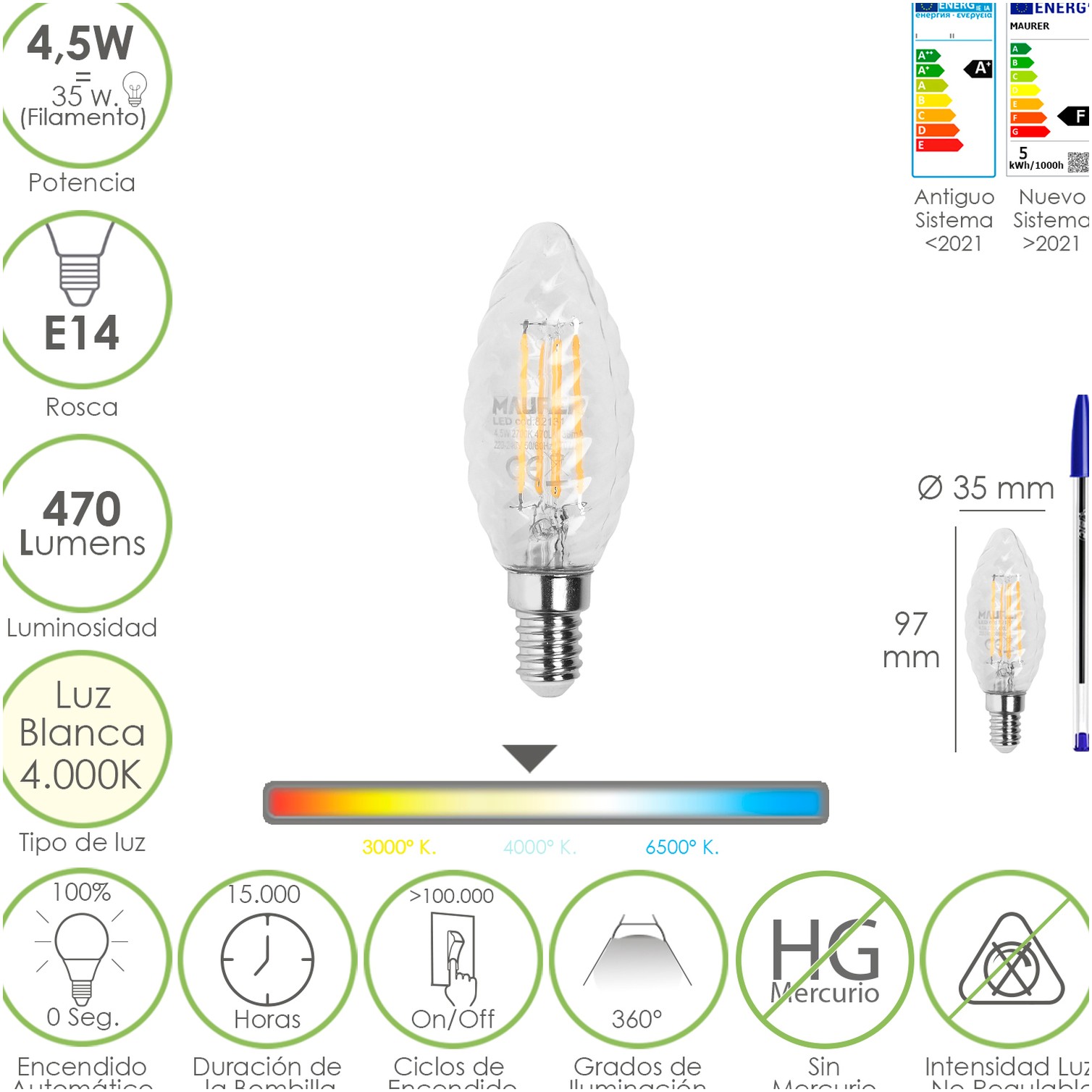 Bombilla Led Filamento Vela Twist. E14. 4,5 Watt. Equivale A 35 Watt. 470 Lumenes. Luz Neutra 4000º K.