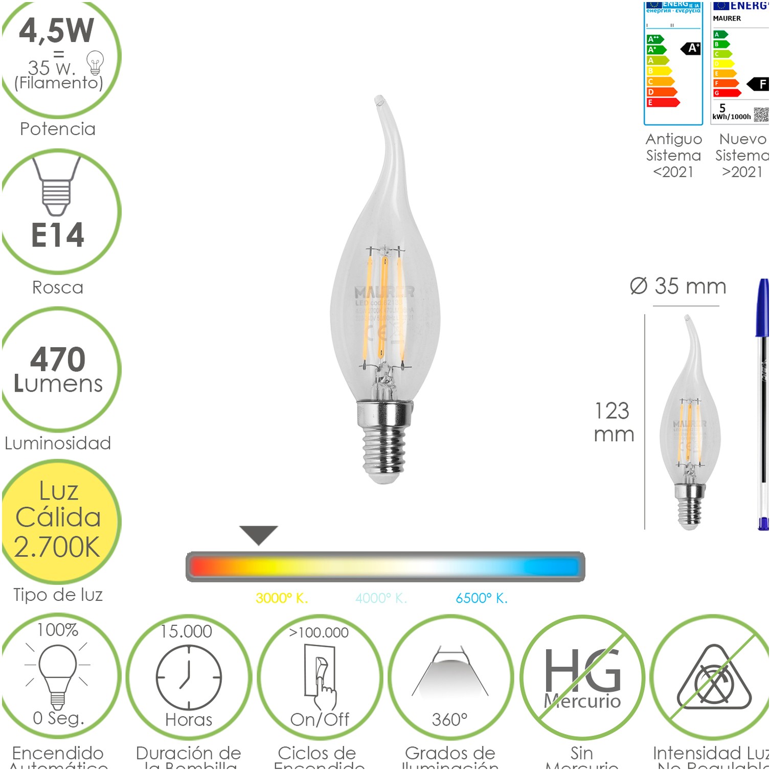 Bombilla Led Filamento Vela Llama E14. 4,5 Watt. Equivale A 35 Watt. 470 Lumenes. Luz Calida 2700º K.