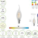 Bombilla Led Filamento Vela Llama E14. 4,5 Watt. Equivale A 35 Watt. 470 Lumenes. Luz Neutra 4000º K.