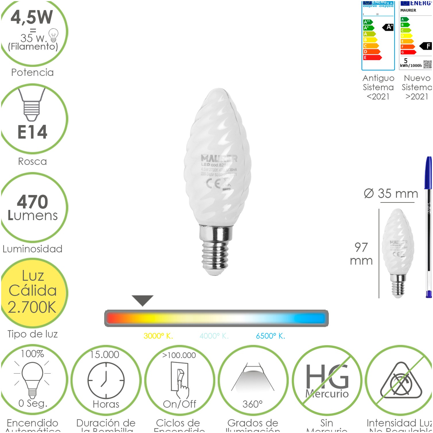 Bombilla Led Filamento Vela Esmerilada E14. 4,5 Watt. Equivale A 35 Watt. 470 Lumenes. Luz Calida 2700º K.