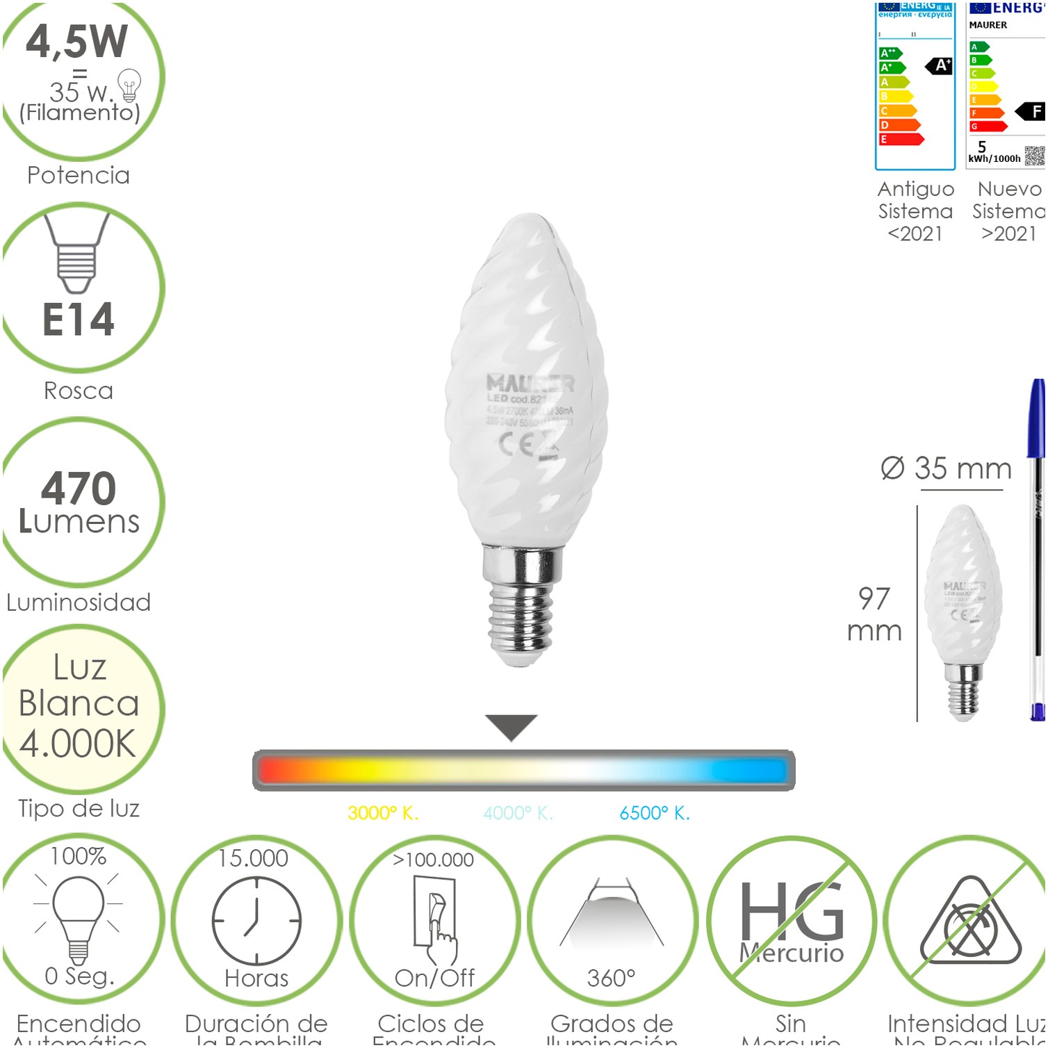 Bombilla Led Filamento Vela Esmerilada E14. 4,5 Watt. Equivale A 35 Watt. 470 Lumenes. Luz Neutra 4000º K.