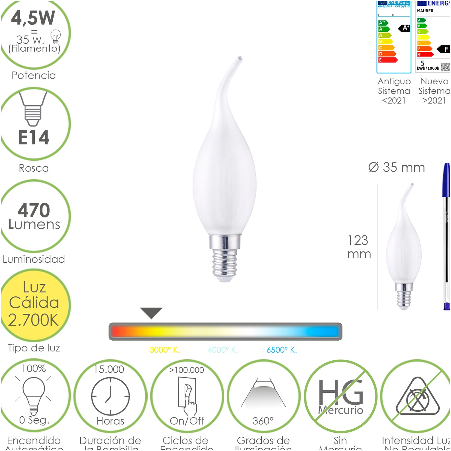 Bombilla Led Filamento Vela Llama Esmerilada E14. 4,5 Watt. Equivale A 35 Watt. 470 Lumenes. Luz Calida 2700º K.