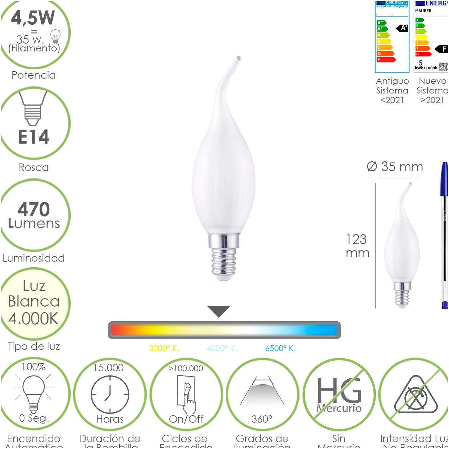 Bombilla Led Filamento Vela Llama Esmerilada E14. 4,5 Watt. Equivale A 35 Watt. 470 Lumenes. Luz Neutra 4000º K.
