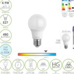 Bombilla Led Estandar Rosca E27. 4.9 Watt. Equivale A 40 Watt. 480 Lumenes. Luz Fria (6500º K.)