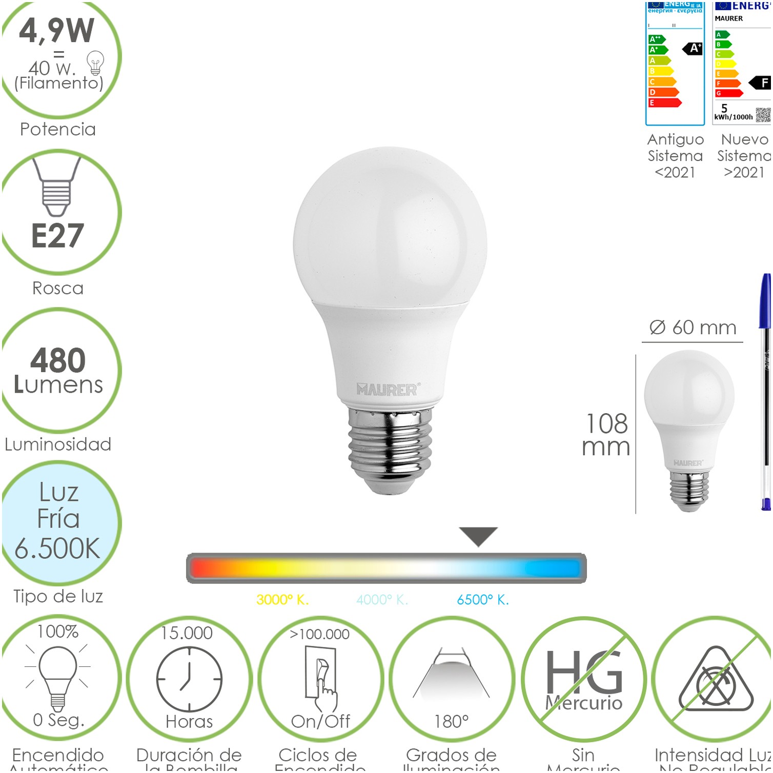 Bombilla Led Estandar Rosca E27. 4.9 Watt. Equivale A 40 Watt. 480 Lumenes. Luz Fria (6500º K.)