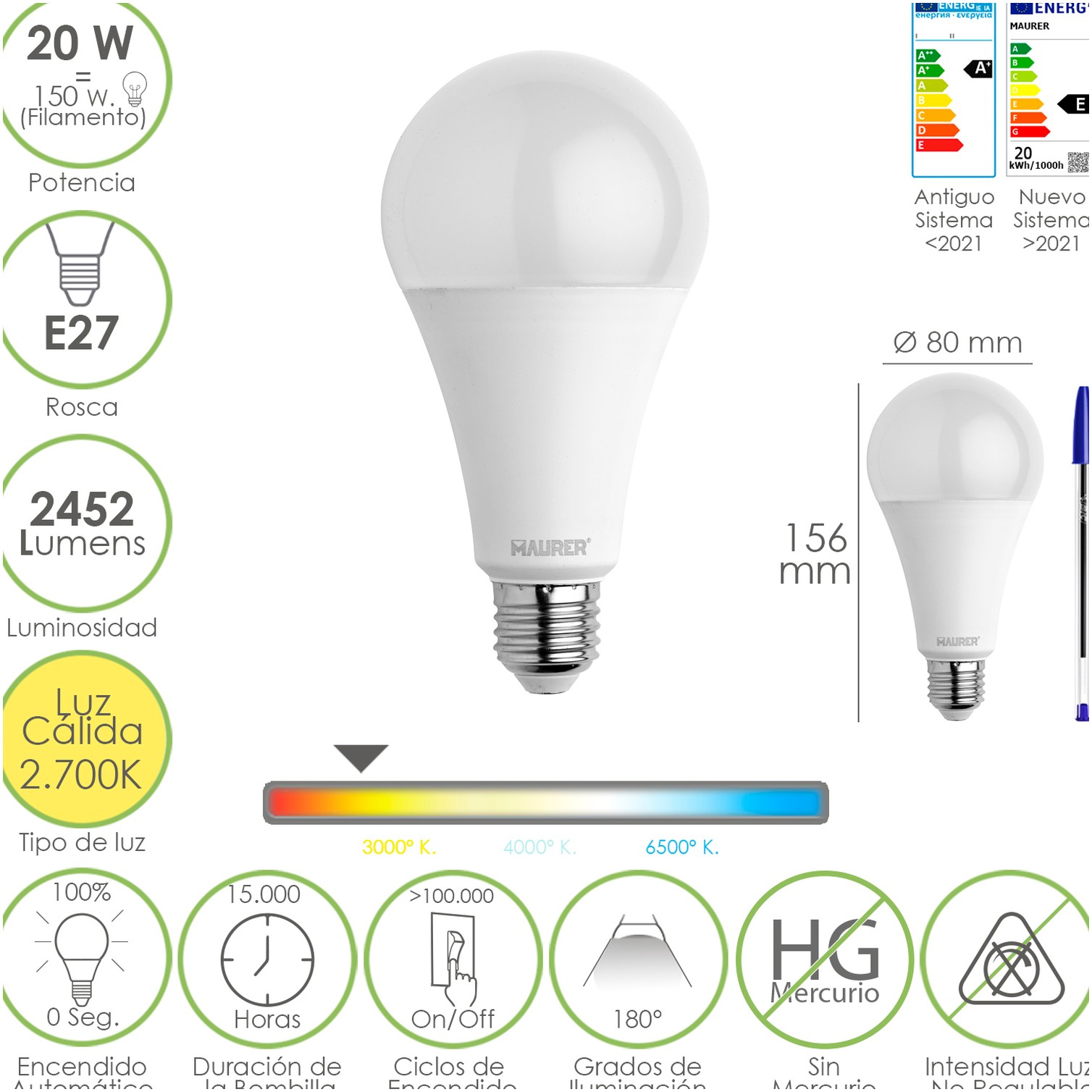 Bombilla Led Estandar Rosca E27. 20 Watt. Equivale A 150 Watt. 2452 Lumenes. Luz Calida (3000º K.)