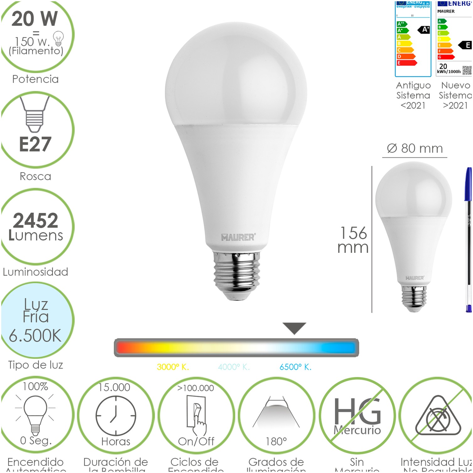 Bombilla Led Estandar Rosca E27. 20 Watt. Equivale A 150 Watt. 2452 Lumenes. Luz Fria (6500º K.)