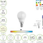 Bombilla Led Esferica Rosca E14 4.5 Watt. Equivale A 35 Watt. 470 Lumenes. Luz Neutra (4000º K)