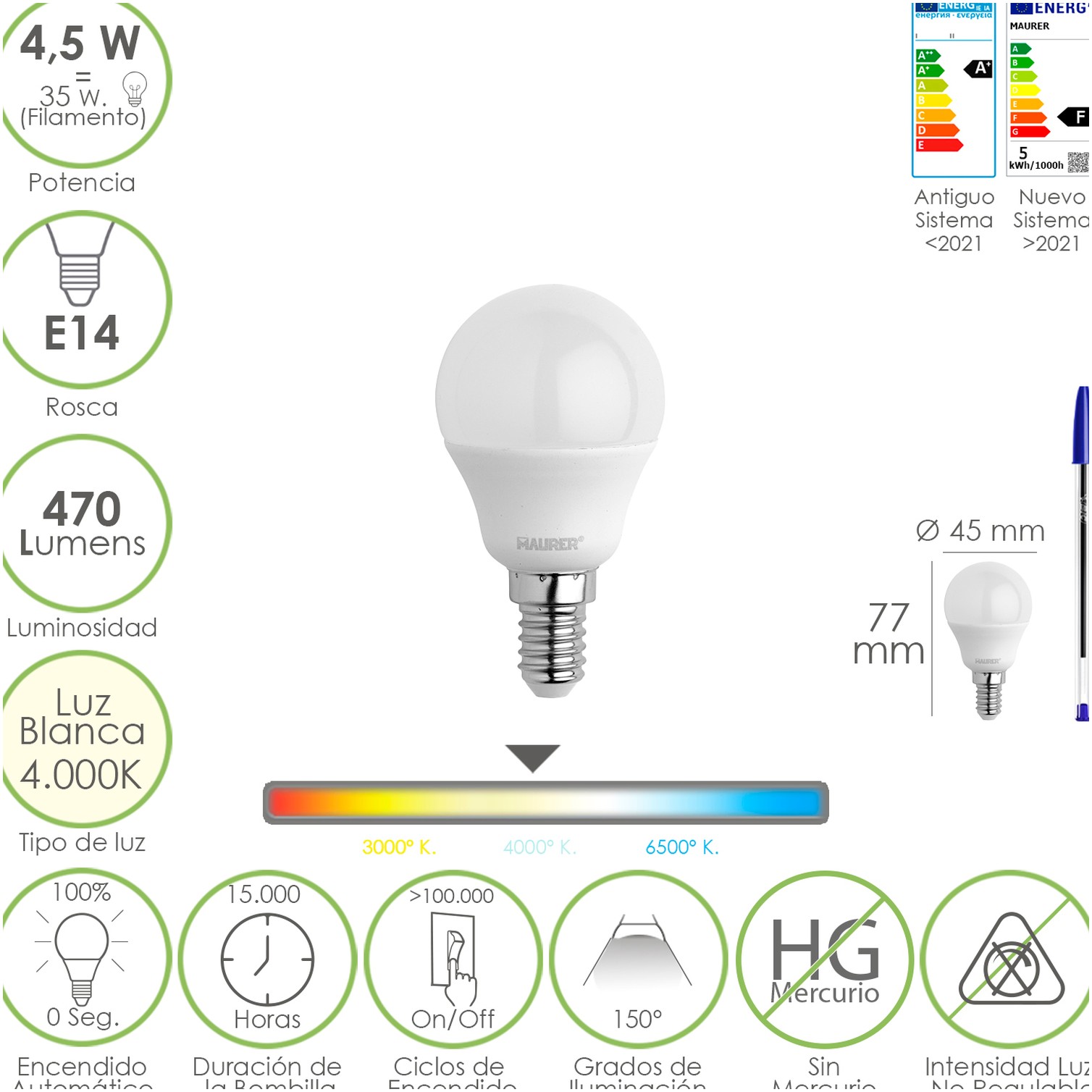 Bombilla Led Esferica Rosca E14 4.5 Watt. Equivale A 35 Watt. 470 Lumenes. Luz Neutra (4000º K)