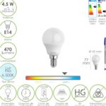 Bombilla Led Esferica Rosca E14 4.5 Watt. Equivale A 35 Watt. 470 Lumenes. Luz Fria (6500º K)
