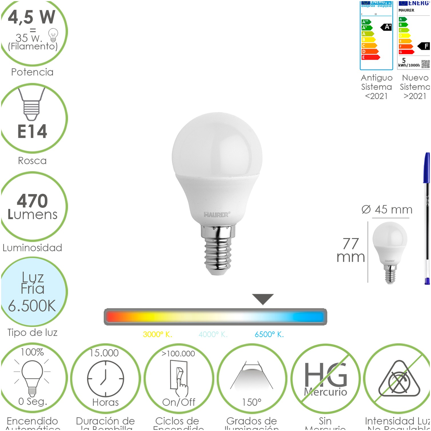 Bombilla Led Esferica Rosca E14 4.5 Watt. Equivale A 35 Watt. 470 Lumenes. Luz Fria (6500º K)