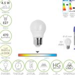 Bombilla Led Esferica Rosca E27 4.5 Watt. Equivale A 55 Watt. 470 Lumenes. Luz Neutra (4000º K)