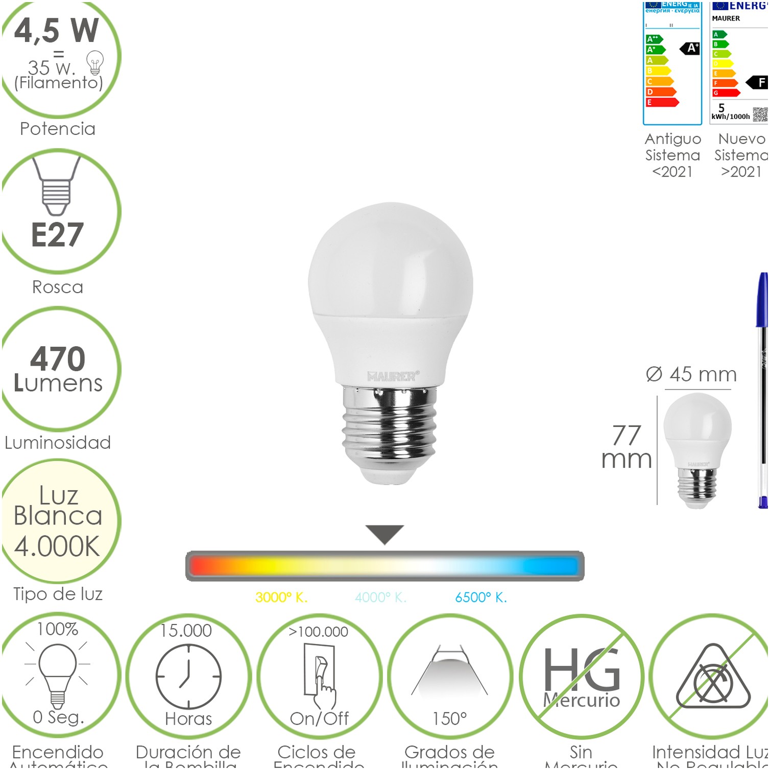 Bombilla Led Esferica Rosca E27 4.5 Watt. Equivale A 55 Watt. 470 Lumenes. Luz Neutra (4000º K)