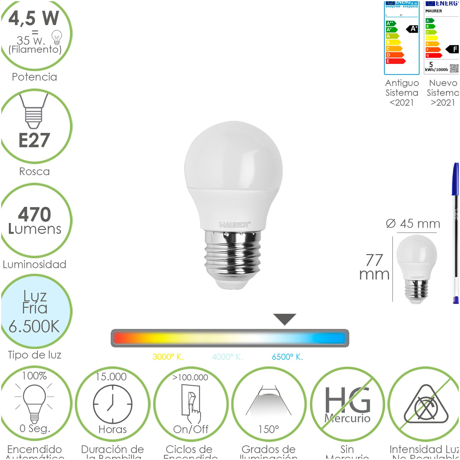 Bombilla Led Esferica Rosca E27 4.5 Watt. Equivale A 55 Watt. 470 Lumenes. Luz Fria (6500º K)