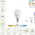 Bombilla Led Esfera Rosca E14. 6.5 Watt. Equivale A 50 Watt. 806 Lumenes. Luz Neutra 4000º K.