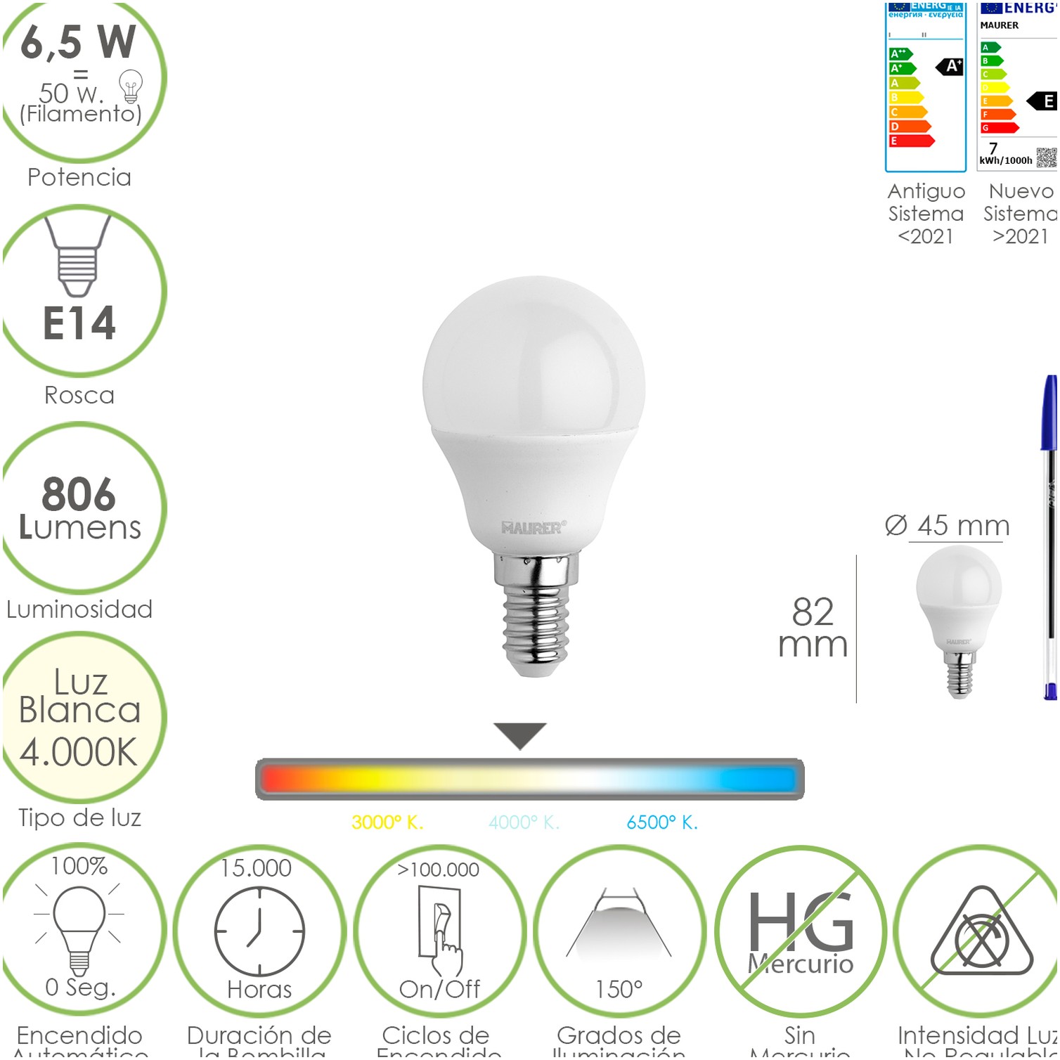Bombilla Led Esfera Rosca E14. 6.5 Watt. Equivale A 50 Watt. 806 Lumenes. Luz Neutra 4000º K.