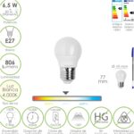 Bombilla Led Esfera Rosca E27. 6.5 Watt. Equivale A 50 Watt. 806 Lumenes. Luz Neutra 4000º K.
