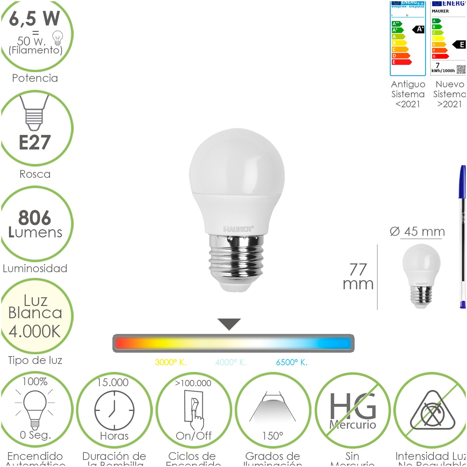Bombilla Led Esfera Rosca E27. 6.5 Watt. Equivale A 50 Watt. 806 Lumenes. Luz Neutra 4000º K.
