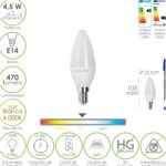 Bombilla Led Vela Rosca E14. 4,5 Watt. Equivale A 35 Watt. 470 Lumenes. Luz Neutra (4000º K.)