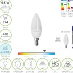 Bombilla Led Vela Rosca E14. 4,5 Watt. Equivale A 35 Watt. 470 Lumenes. Luz Fira (6500º K.)