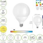 Bombilla Led Esfera Globo E27. 13,5 Watt. Equivale A 100 Watt. 1521 Lumenes. Luz Calida 3000º K.