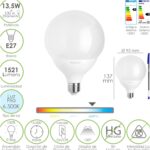 Bombilla Led Esfera Globo E27. 13,5 Watt. Equivale A 100 Watt. 1521 Lumenes. Luz Fria 6500º K.