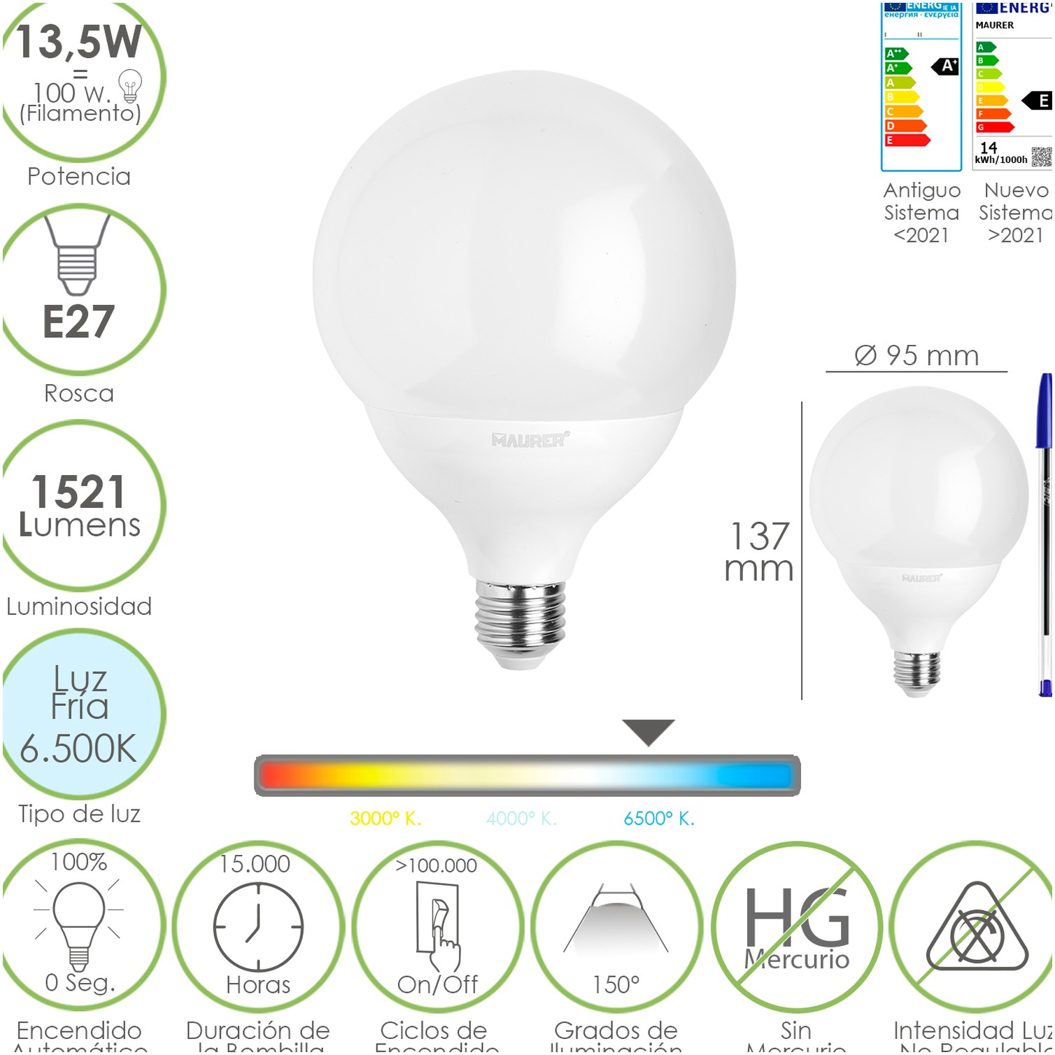 Bombilla Led Esfera Globo E27. 13,5 Watt. Equivale A 100 Watt. 1521 Lumenes. Luz Fria 6500º K.
