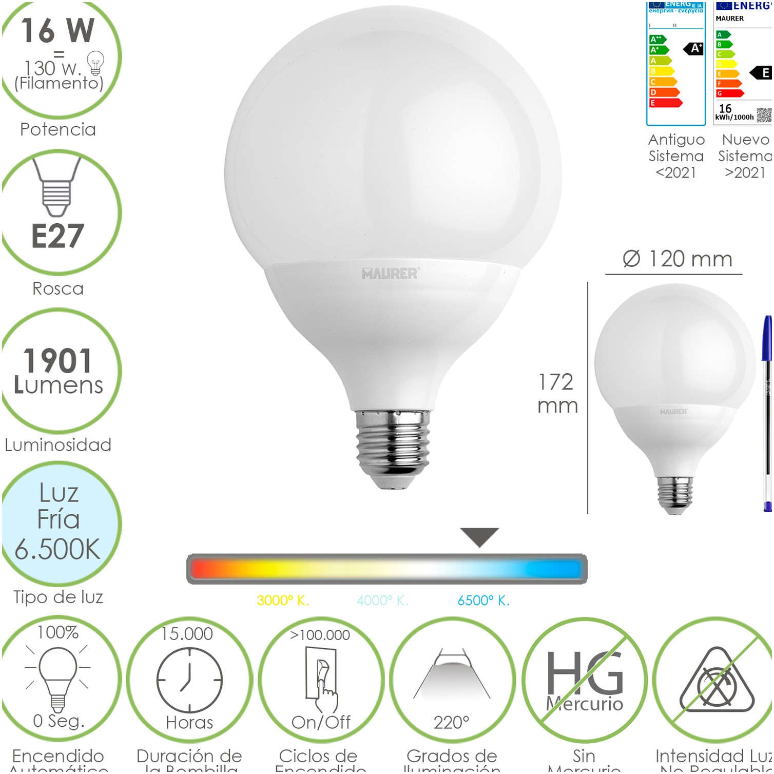 Bombilla Led Globo Rosca E27. 16 Watt. Equivale A 130 Watt. 1901 Lumenes. Luz Fria 6500º K.