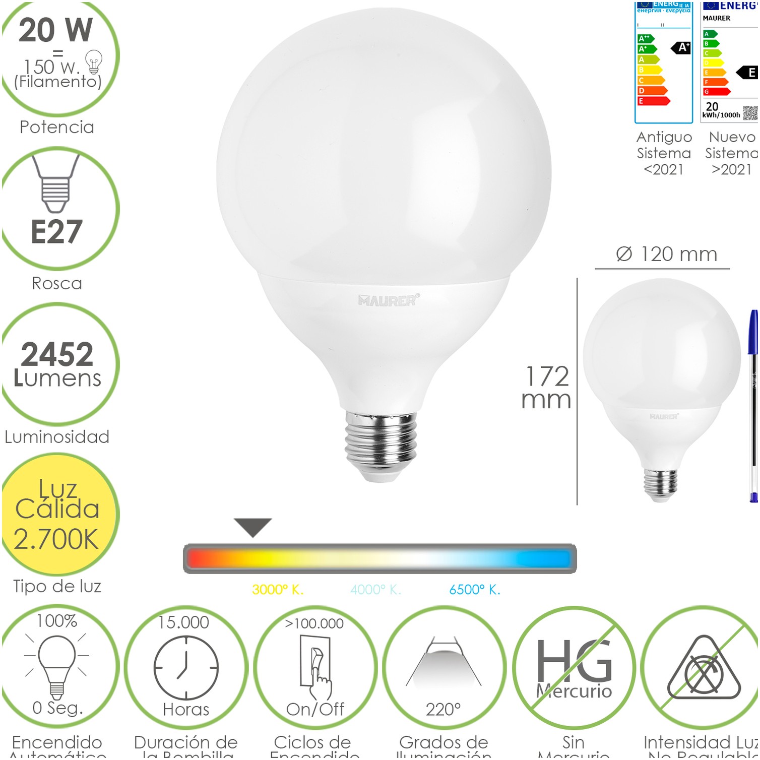 Bombilla Led Globo E27. 20 Watt. Equivale A 150 Watt. 2452 Lumenes. Luz Calida 2700º K.