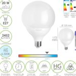 Bombilla Led Globo E27. 20 Watt. Equivale A 150 Watt. 2452 Lumenes. Luz Fria 6500º K.
