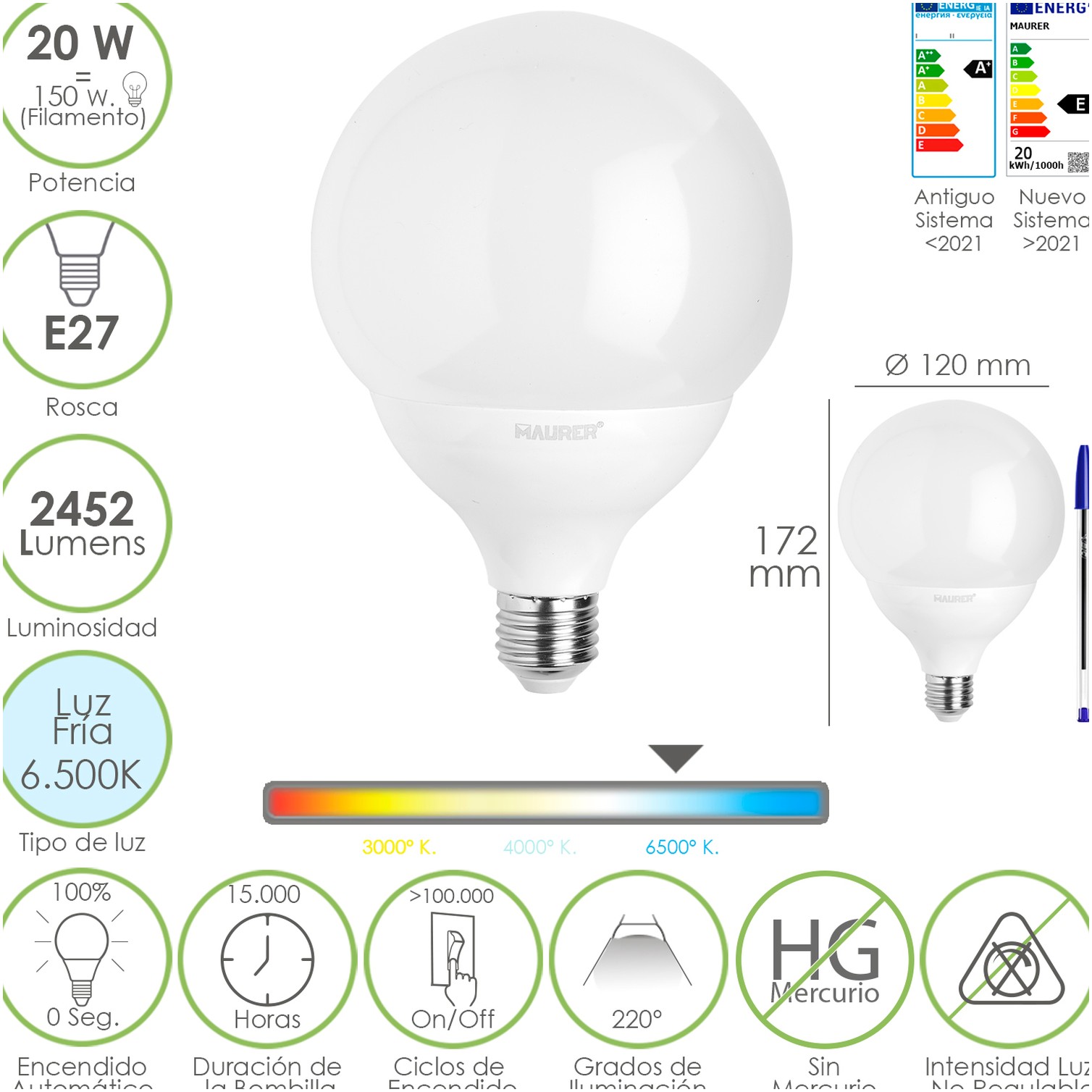 Bombilla Led Globo E27. 20 Watt. Equivale A 150 Watt. 2452 Lumenes. Luz Fria 6500º K.