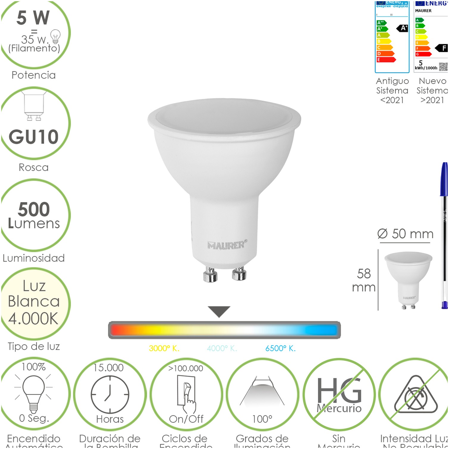 Bombilla Led Dicroica Rosca GU10. 5 Watt. Equivale A 35 Watt. 500 Lumenes. Luz Neutra 4000º K