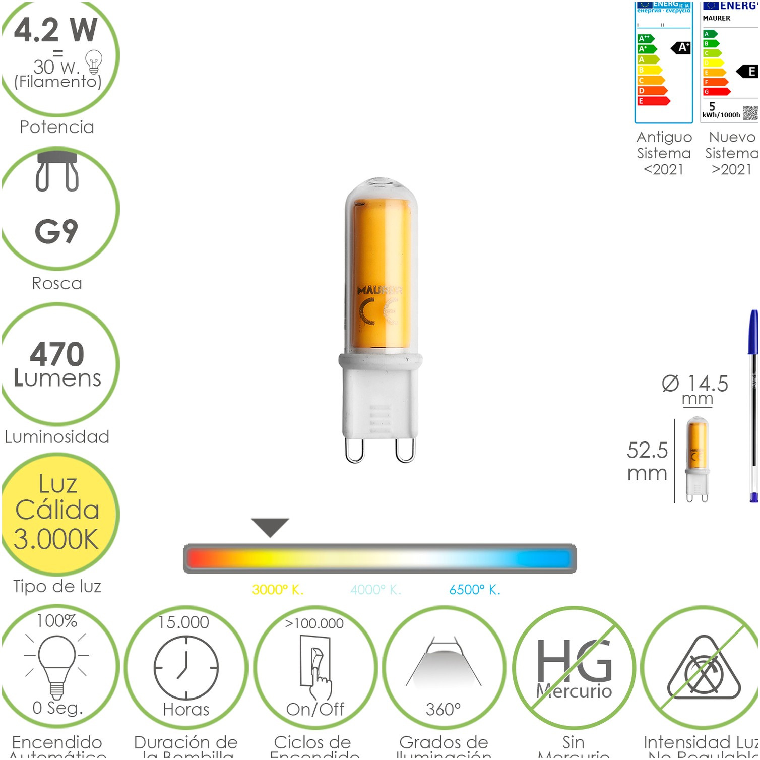 Bombilla Led Rosca G9. 4.2 Watt. Equivale A 15 Watt. 470 Lumenes. Luz Calida (3000º K.)