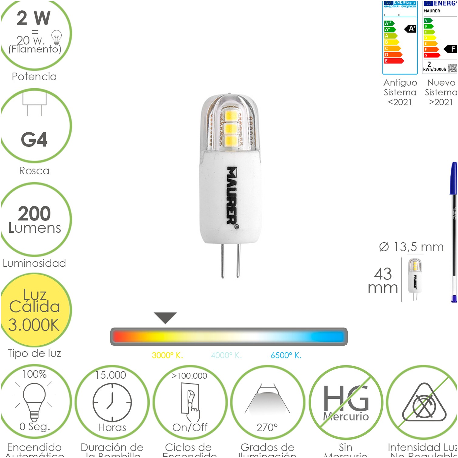 Bombilla Led Dicroica Rosca G4. 2 Watt. Equivale A 20 Watt. 200 Lumenes. Luz Calida (3000º K.)