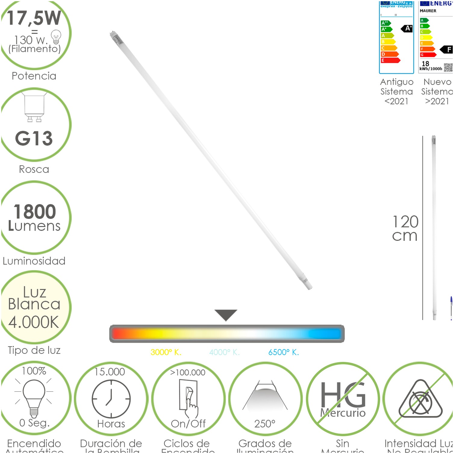 Tubo Led T8 120 cm.17,5 Watt. Equivale A 130 Watt. 1800 Lumenes. Luz Neutra 4000º K.