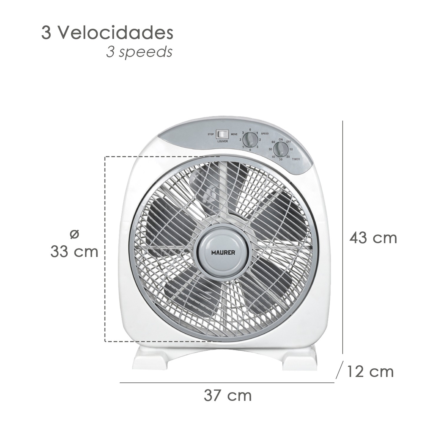 Ventilador Maurer Box Ø 30cm 40 Watt. 3 velocidades Aspas gran tamaño, 3 Con temporizador