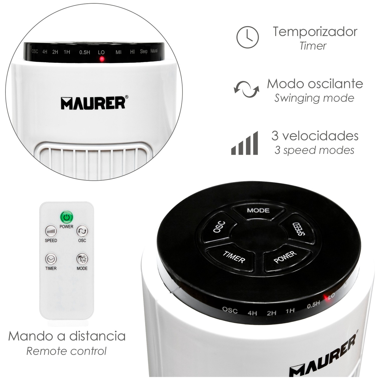 Ventilador Maurer Torre 73 cm 3 Velocidades. Funcion Oscilante. Con Temporizador y Mando a Distancia.
