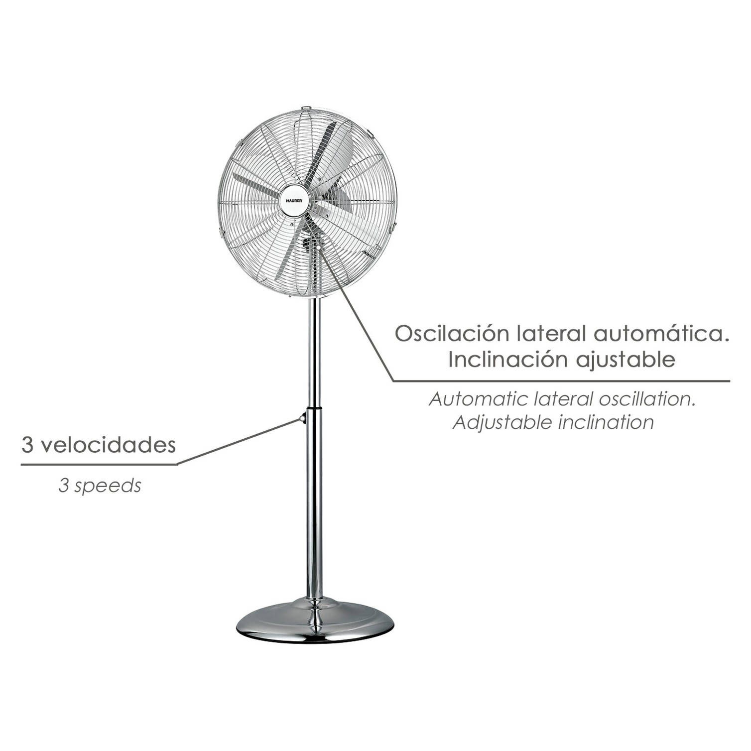Ventilador Pie Ø 44,5 cm. Altura 130 cm. 60 watt. Ventilador oscilante. Ventilador Pie silencioso. Circulador de aire.