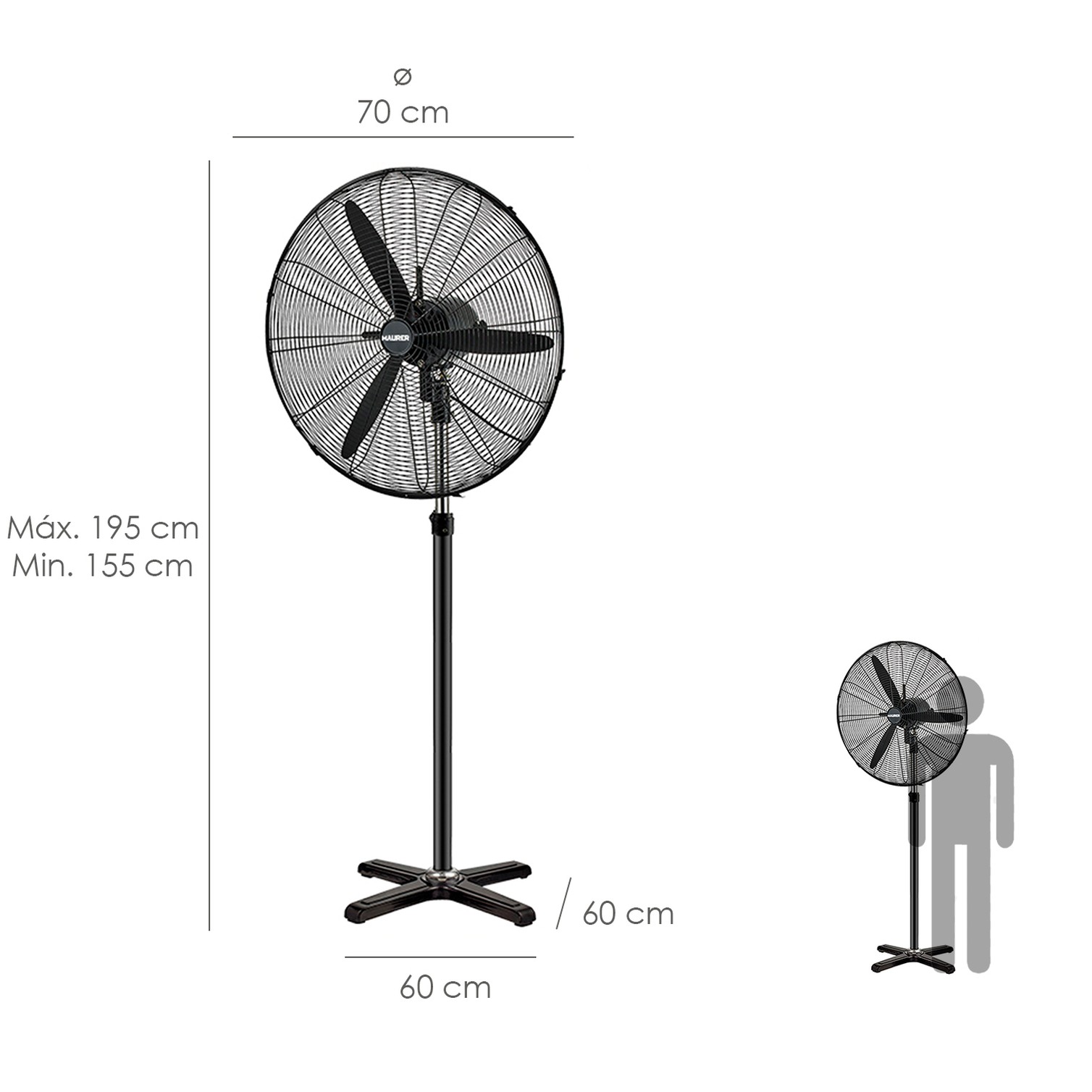 Ventilador Pie Ø 70 x195 cm. Negro 190 W. Oscilación Automatica, Altura Regulable, Cabezal Inclinable, Base Estable 60x60 cm.