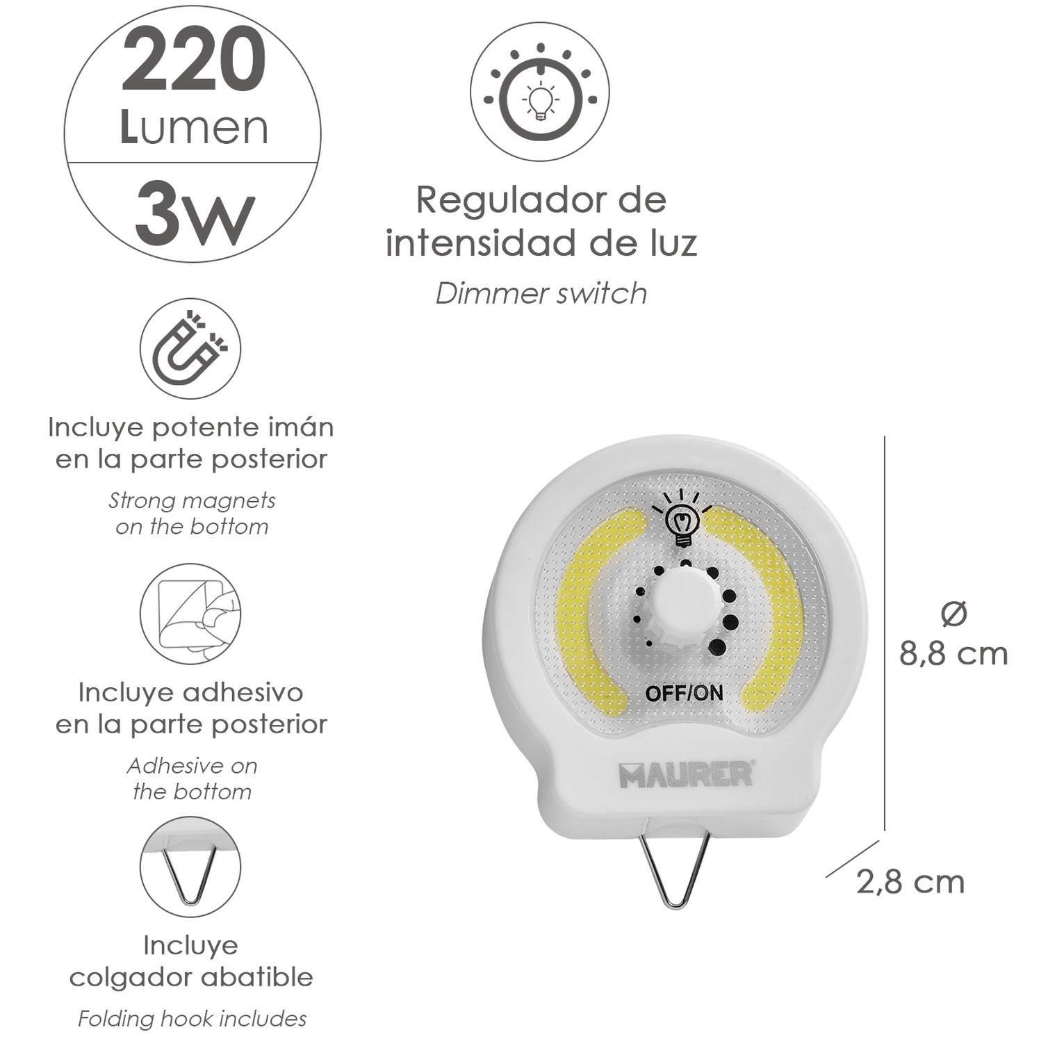 Linterna LED Armario Dinmerable A Pilas (3 AAA) 220 Lumenes Con Iman, Gancho y Adhesivo